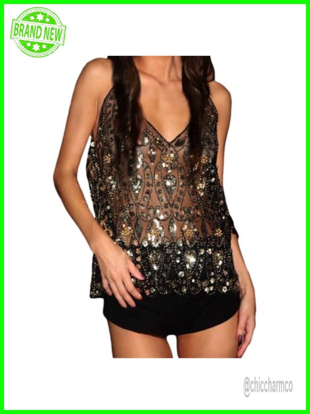 Sequin Sheer Mesh Cami Tank Top Sparkly Glitter Sleeveless Party Top